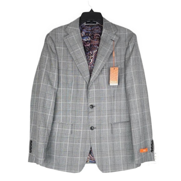 Tallia Mens Slim Fit Suit Jacket Blazer 38S Black White Plaid Stretch Wool NWT